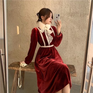 (order) SET VÁY NHUNG PHỐI VIỀN REN + CHOÀNG CỔ LÔNG