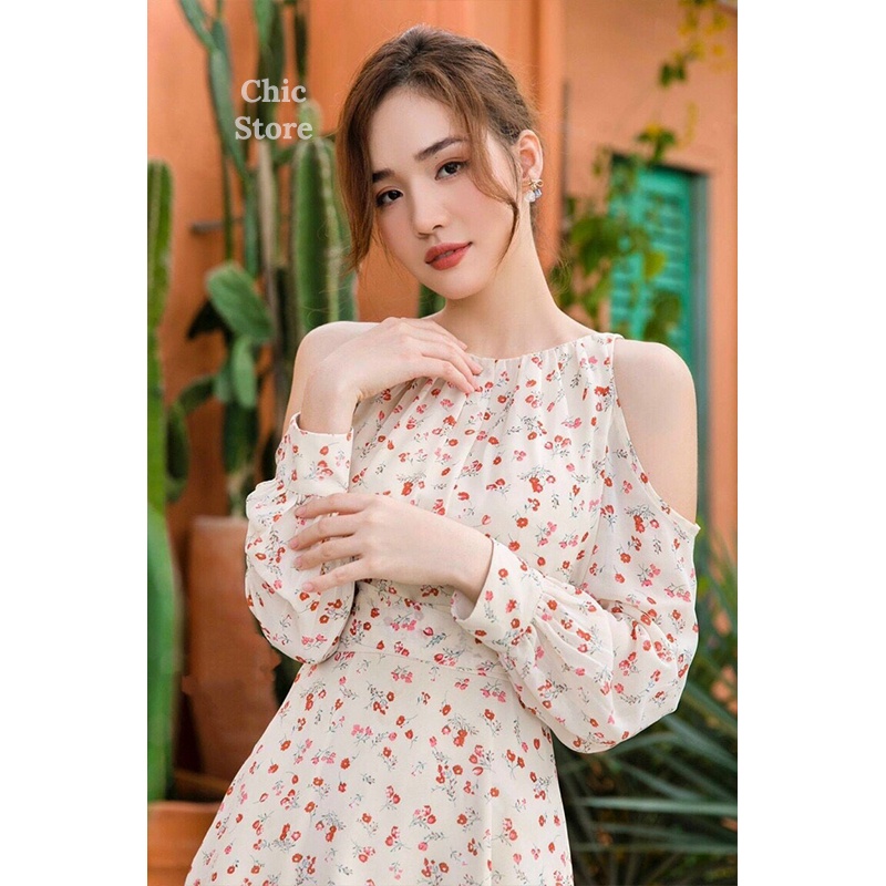 Đầm hoa nhí khoét vai, có dây cột eo nữ tính Đầm váy mùa hè công sở thiết kế Chic Store
