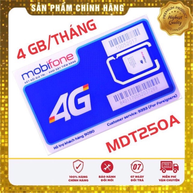 Sim 4G Mobifone MDT250A-MDT150-FD50 Trọn Gói 1 Năm Không Nạp Tiền