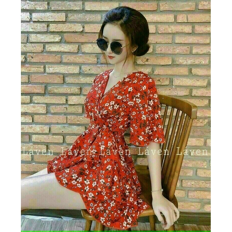 Đầm Nữ ⚡𝙎𝙄𝙀̂𝙐 𝙎𝘼𝙇𝙀⚡ Đâm Xòe Lụa in Hoa Cổ V Cột Nơ Eo Siêu Xinh - 65099