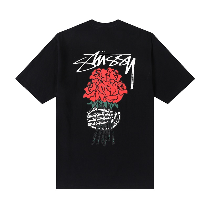 Áo Thun Tay Ngắn Dáng Rộng In Chữ Stussy Và Hoa Hồng Phong Cách Đường Phố Mỹ Cho Nam Và Nữ