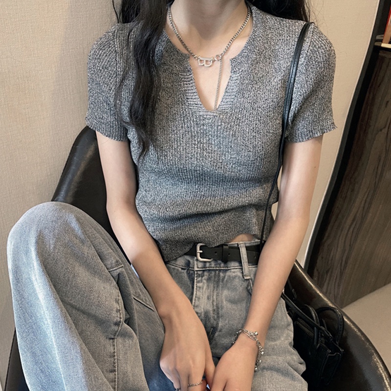 Áo Croptop Dệt Kim Tay Ngắn Cổ Chữ V Thời Trang Mùa Hè Phong Cách Hàn Quốc Cho Nữ