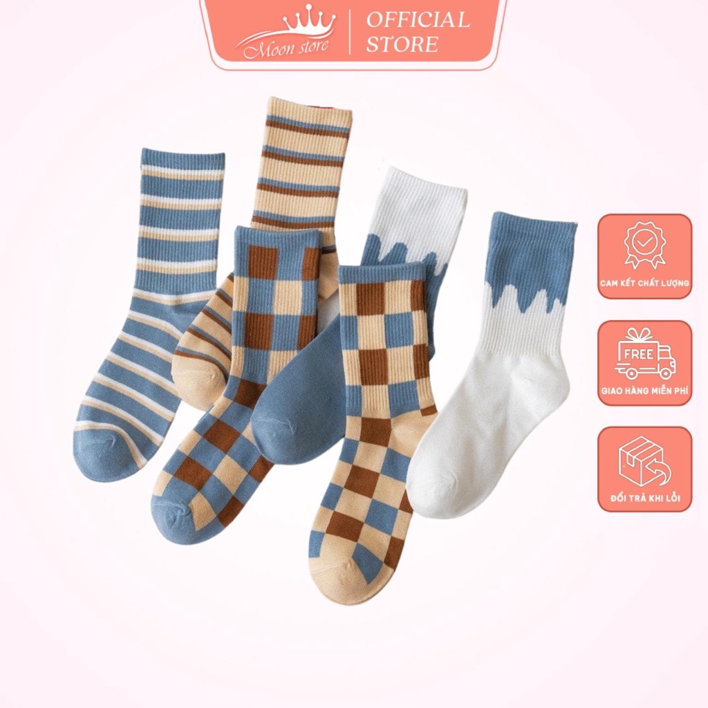 Tất vớ cổ cao cotton nam nữ cao cấp unisex kẻ ô họa tiết Solid Blue trend BT6