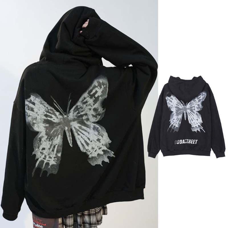 YOUYO Women Gothic Punk Butterfly Print Hoodies Jacket Harajuku Hip Hop Long Sleeve Zip Up Sweatshirt Oversized Loose Coat