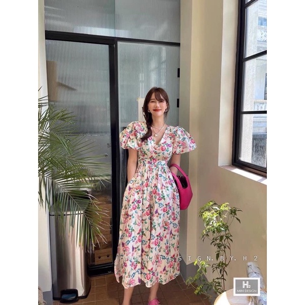 ĐẦM MIDI HOA CHÉO NGỰC TAY BỒNG