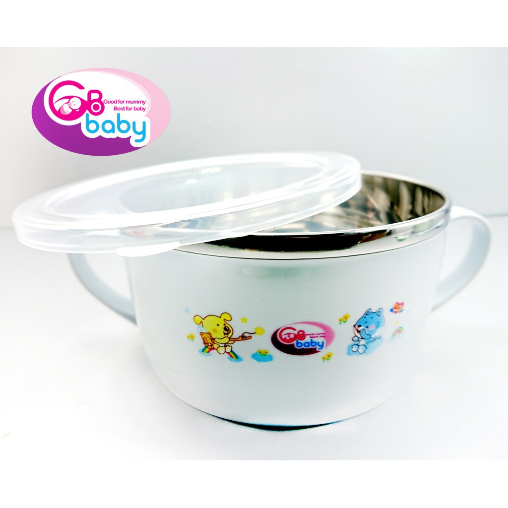 Bát inox ăn dặm 7709 GB Baby có năp đậy và thìa cho bé dung tích chứa 720ml