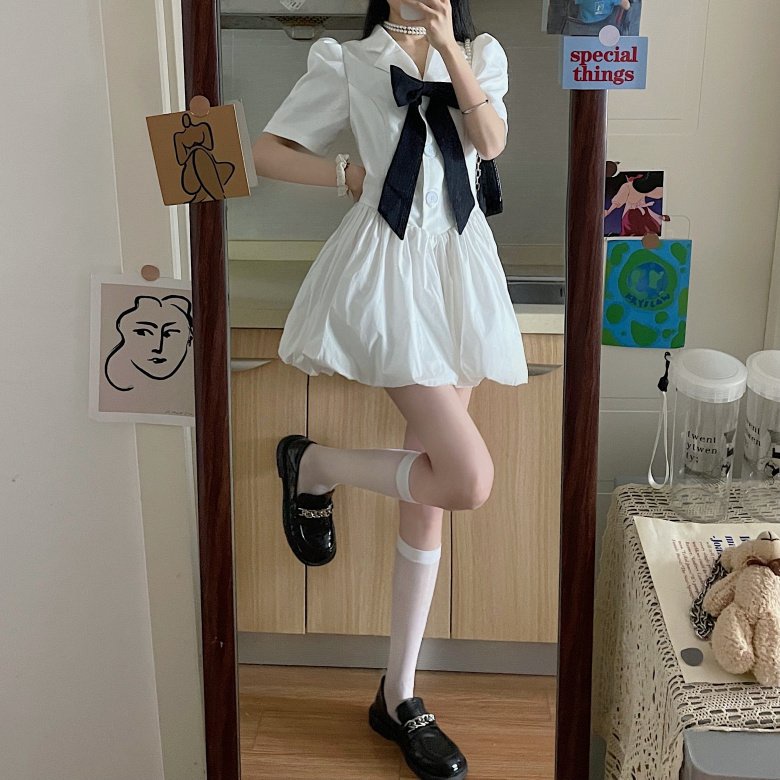 Đầm Phối Nơ Cổ Vest PEONYB Nữ [FREESHIP] 🌸 Váy babydoll đuôi bồng bánh bèo tiểu thư dáng xòe tay lỡ cá tính Ulzzang 🌸 | BigBuy360 - bigbuy360.vn
