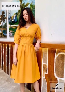 Đầm Xoè Tay Phồng Đính Nút Đẹp
