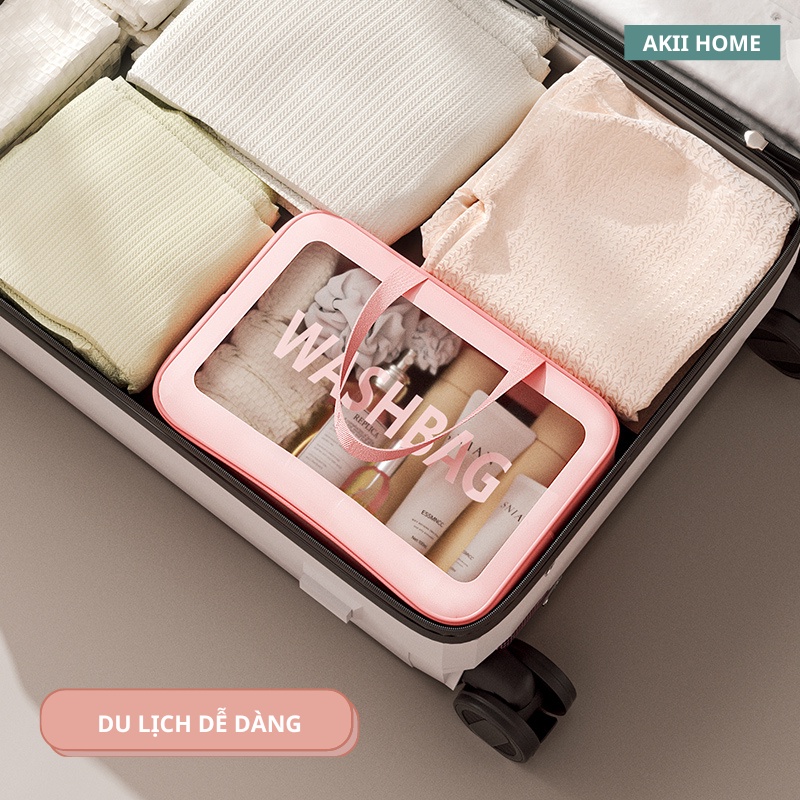 Túi đựng mỹ phẩm Washbag 2 ngăn riêng biệt, chất liệu da PU, PVC trong suốt, có tay cầm cao cấp Akii Home TD40