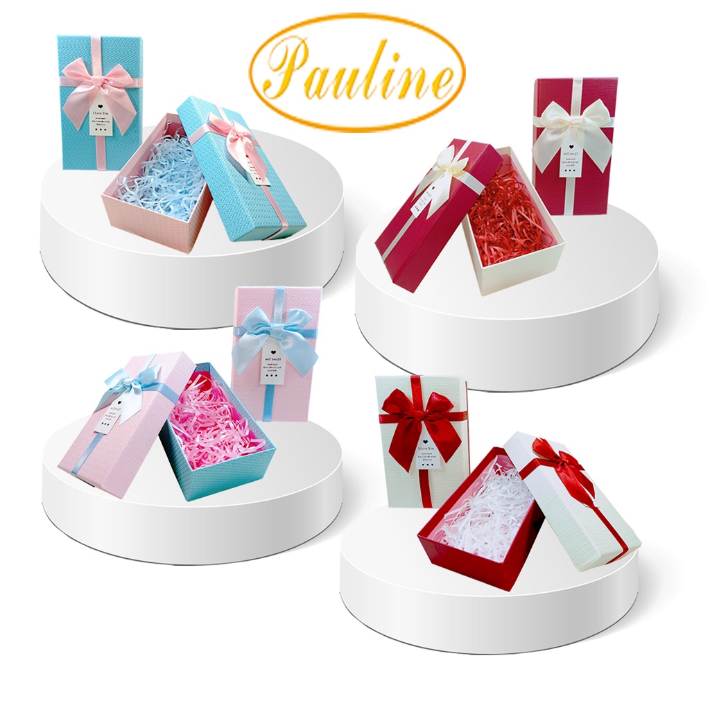 Hộp giấy đựng quà 14.5x8.5x5 H1485N đính nơ 10 màu kèm giấy rơm - Pauline's Store