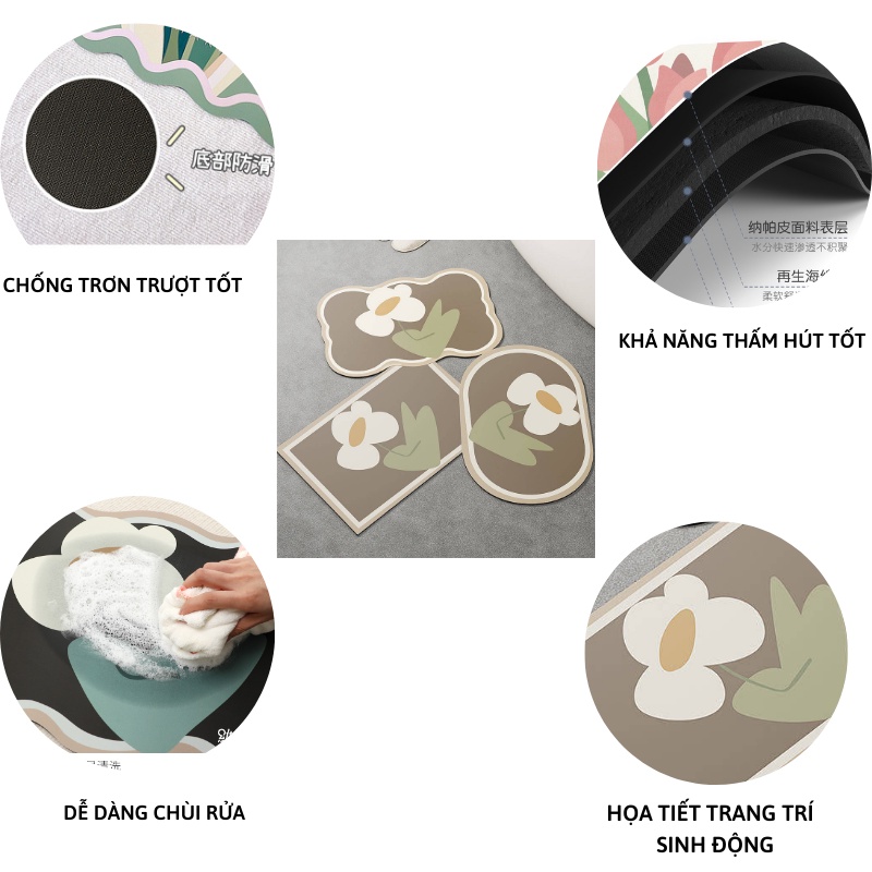 Combo 3 thảm lau chùi chân decor phòng xinh KT 40X60cm chống trượt thấm nước mix 3 hình Miibooshi D1.119.SET4