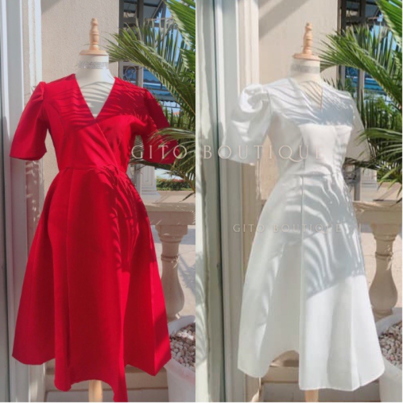 ĐẦM DỰ TIỆC CỔ TIM [có bigsize]- MIDI XÒE TAY PHỒNG - TRẮNG ĐỎ HỒNG - GD069 | BigBuy360 - bigbuy360.vn