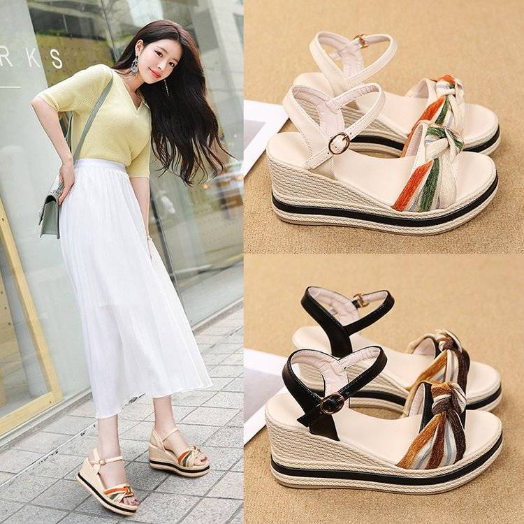 Dép xăng đan Sandal Đế Xuồng Trung Bình Đính Nơ Mùa Hè Cho Nữ