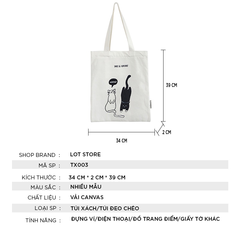 Túi tote vải đi học giá rẻ có khoá kéo phong cách hàn quốc đeo chéo canvas LOTSTORE TX003