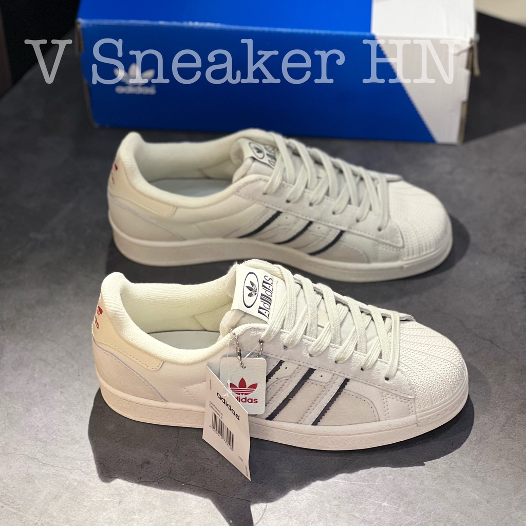 Giày Thể Thao Adi.das Sò Trắng Hàng SC Mẫu Mới 2022,Giày Superstar Cloud White Mũi Sò Xám Da Lộn Aluminium Vivid Red