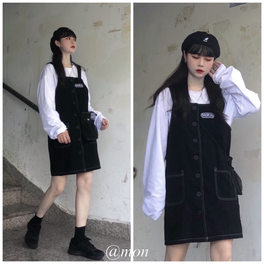 2101534 Váy yếm jeans nữ - váy yếm bò ulzzang dễ thương màu đen chỉ nổi freesize