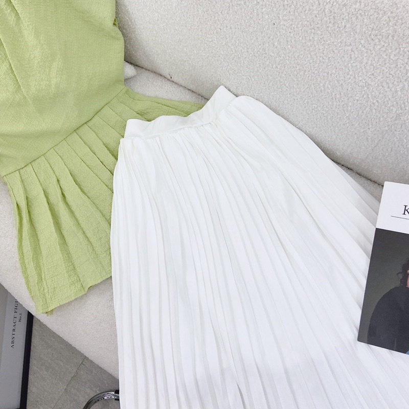 SET ÁO LỆCH VAI PEPLUM XANH + CHÂN VÂY MIDI TRẮNG MS259