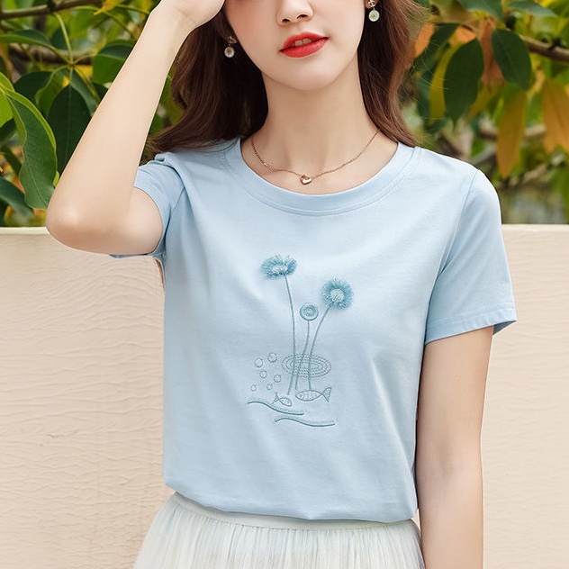 Áo Thun Cotton Tay Ngắn Thêu Họa Tiết Thời Trang Mùa Hè Phong Cách Hàn Quốc Cho Nữ 2022 Mới