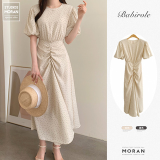 (ORDER-sẵn Be ) Váy MORAN chấm bi tay phồng xếp ly nhăn nhún thắt eo xòe dài kiểu Pháp vintage sang trọng