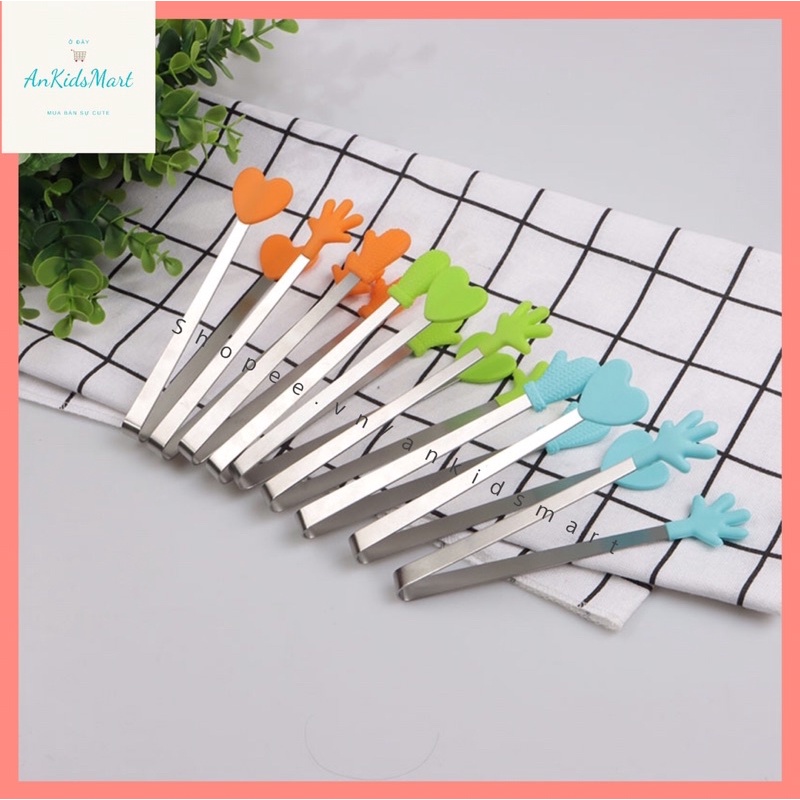 Kẹp gắp thức ăn bằng silicon và thép không gỉ, kẹp dáng nhỏ, hình bàn tay, trái tim, bao tay dễ thương
