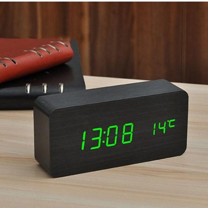 Đồng hồ để bàn LED giả gỗ MONSKY TESRO hình chữ nhật hiện đại, tiện dụng đo thời gian, nhiệt độ phòng.