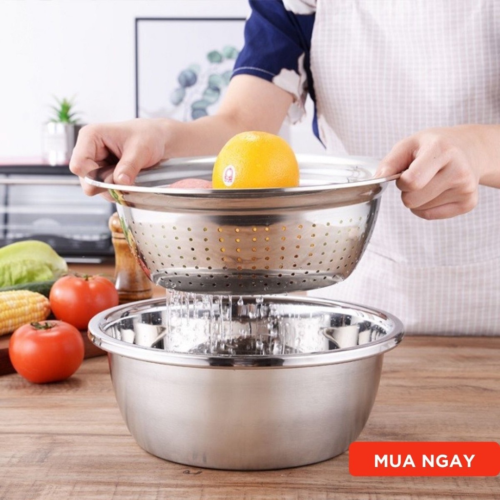 Bộ thau nạo bào cắt rau củ ba món tích hợp chậu inox 304 cao cấp không gỉ đa năng dùng cho nhà bếp Kho Sỉ Sài Thành