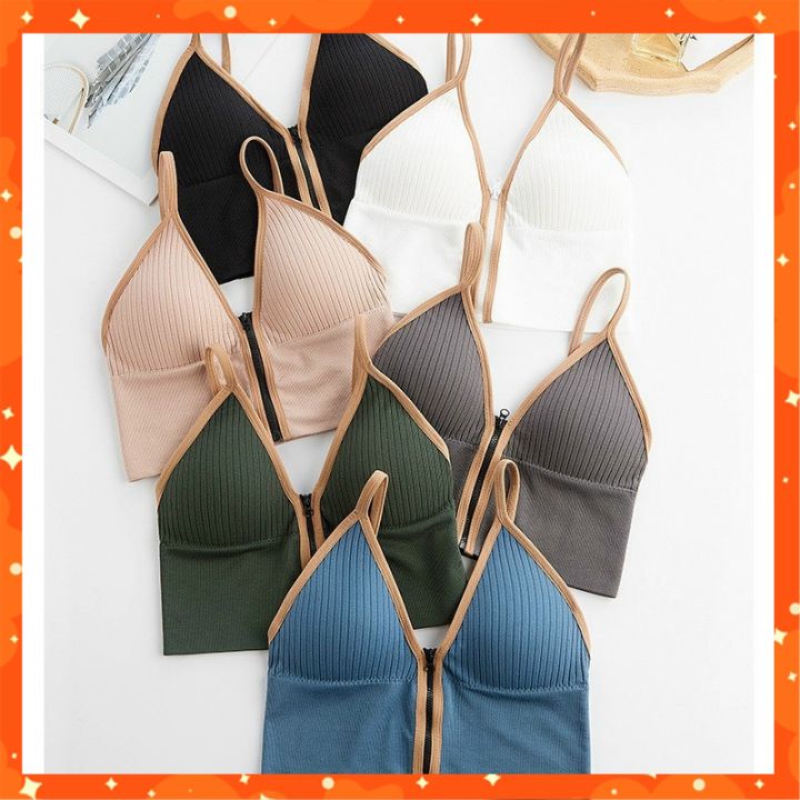 Áo Bra Nữ Cá Tính 2 Dây Cỗ V Khóa Kéo Trước, Áo Bra Croptop Đẹp Cotton Mềm Mịn