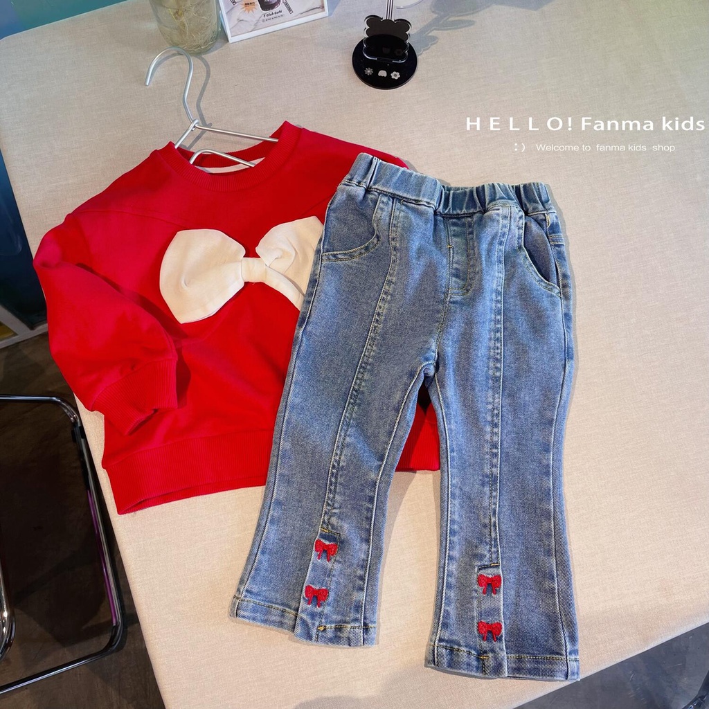 Quần Jeans Ống Loe Xẻ Tà Thắt Nơ Phong Cách Hàn Quốc Cho Bé Gái