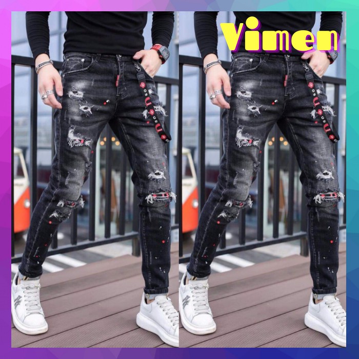 Quần Jean Nam Đen Rách Gối Chất Bò Co Dãn Siêu Bền Đẹp Hàng Chuẩn Shop | BigBuy360 - bigbuy360.vn