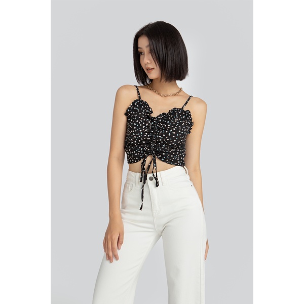 Áo croptop 2 dây ôm Maybi lụa in họa tiết nền đen nhún kiểu