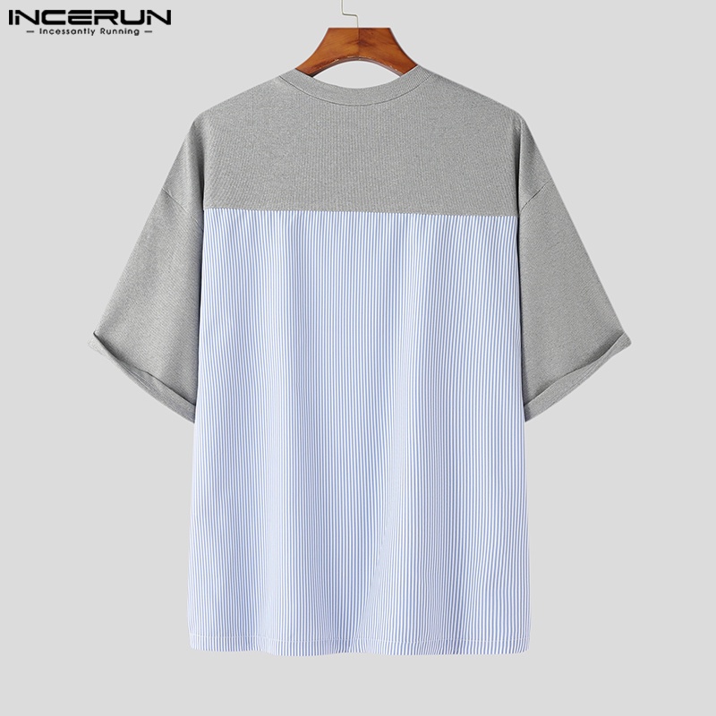 Áo kiểu INCERUN tay ngắn cổ tròn họa tiết kẻ sọc đơn giản thời trang cho nam