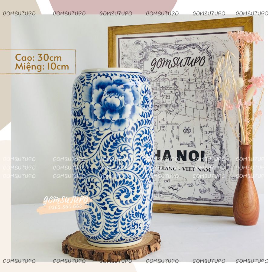 Lọ Hoa Gốm Vẽ Hoa Dây Xanh COBAN - Bình Hoa Decor Trang Trí gomsutupo - Gốm Sứ TUPO Bát Tràng