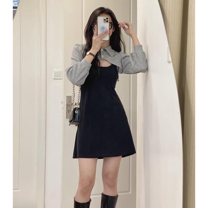 Set váy đầm nữ 2 món cài cúc đen nâu Ylydress freesize dáng A tôn dáng phong cách ulzzang hàn quốc C644 | BigBuy360 - bigbuy360.vn