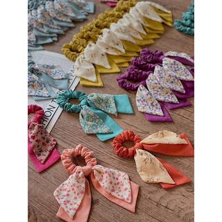 Cột tóc vải hoa handmade nơ đôi, Scrunchie cột tóc tiểu thư xinh xắn, vintage