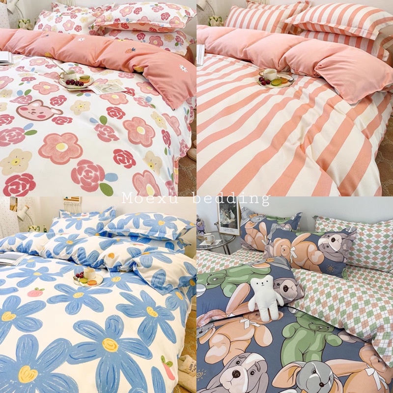 Bộ Chăn Ga Gối 🪴 combo 5 món cotton 3D moexu bedding kẻ sọc hoa nhí sang trọng mềm mịn đủ kích thước
