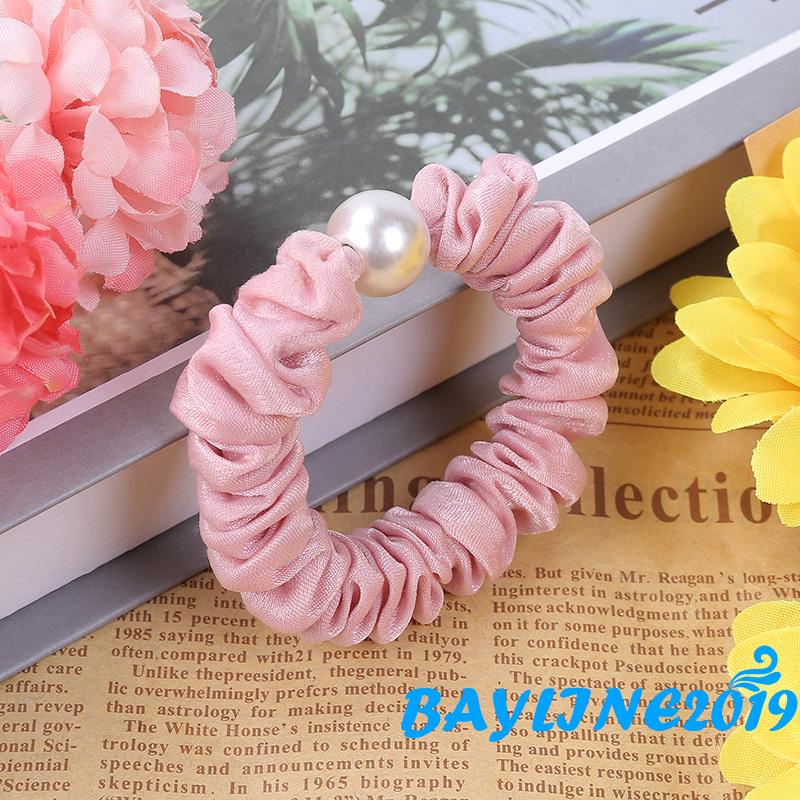 BAY- Dây buộc tóc đính ngọc trai màu trơn cho nữ màu be/ nâu/ xanh lá/ vàng