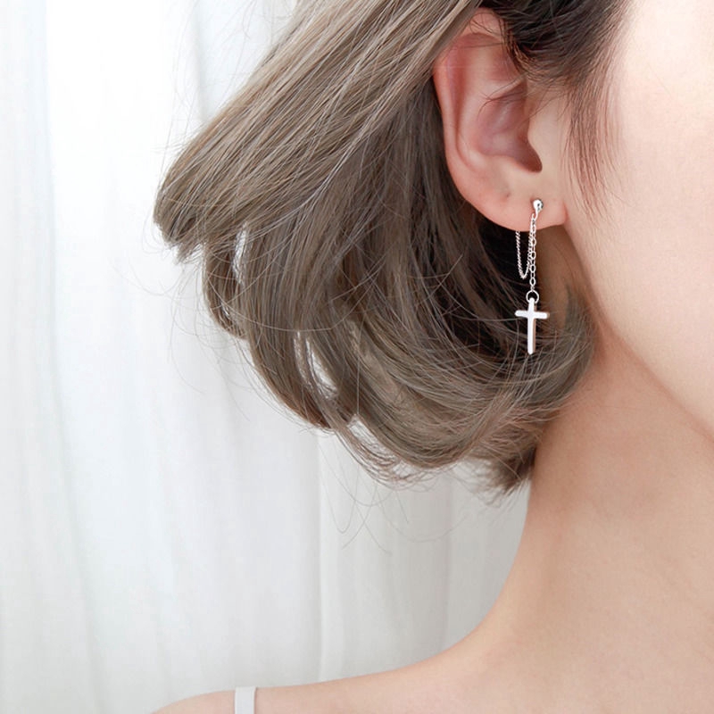 Bông tai hình chữ thập phối chuỗi dây mắt xích thời trang phong cách hiphop