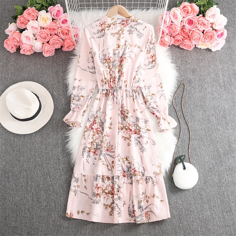 Đầm Midi Chiffon Tay Dài Eo Co Giãn In Họa Tiết Hoa Thời Trang Xuân Hè Cho Nữ