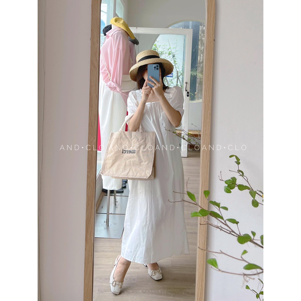 Đầm suông cổ vuông chun vai chất thô Hàn