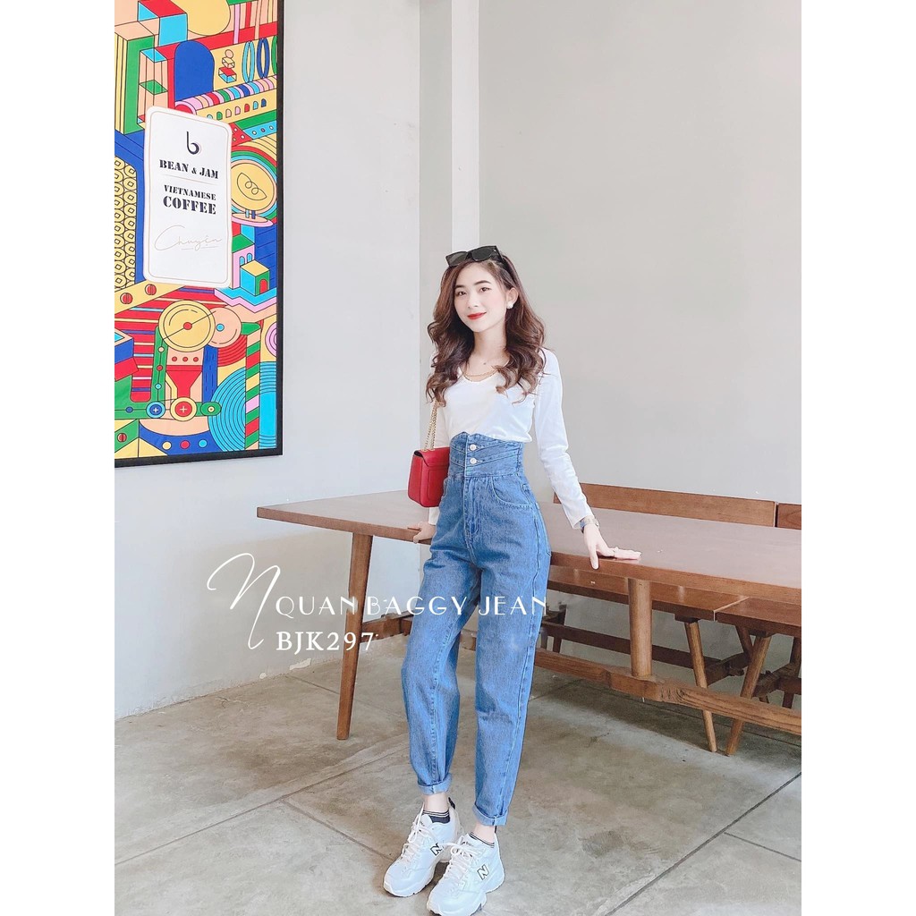 Quần baggy jean nữ ống suông ống rộng lưng phối kiểu dễ thương BJT BJK baggy jean tổng hợp