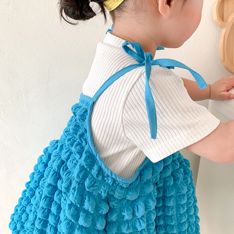 Set Áo Thun Tay Ngắn Màu Trắng + Đầm Hai Dây Màu Xanh Dương Dễ Thương Cho Bé Gái