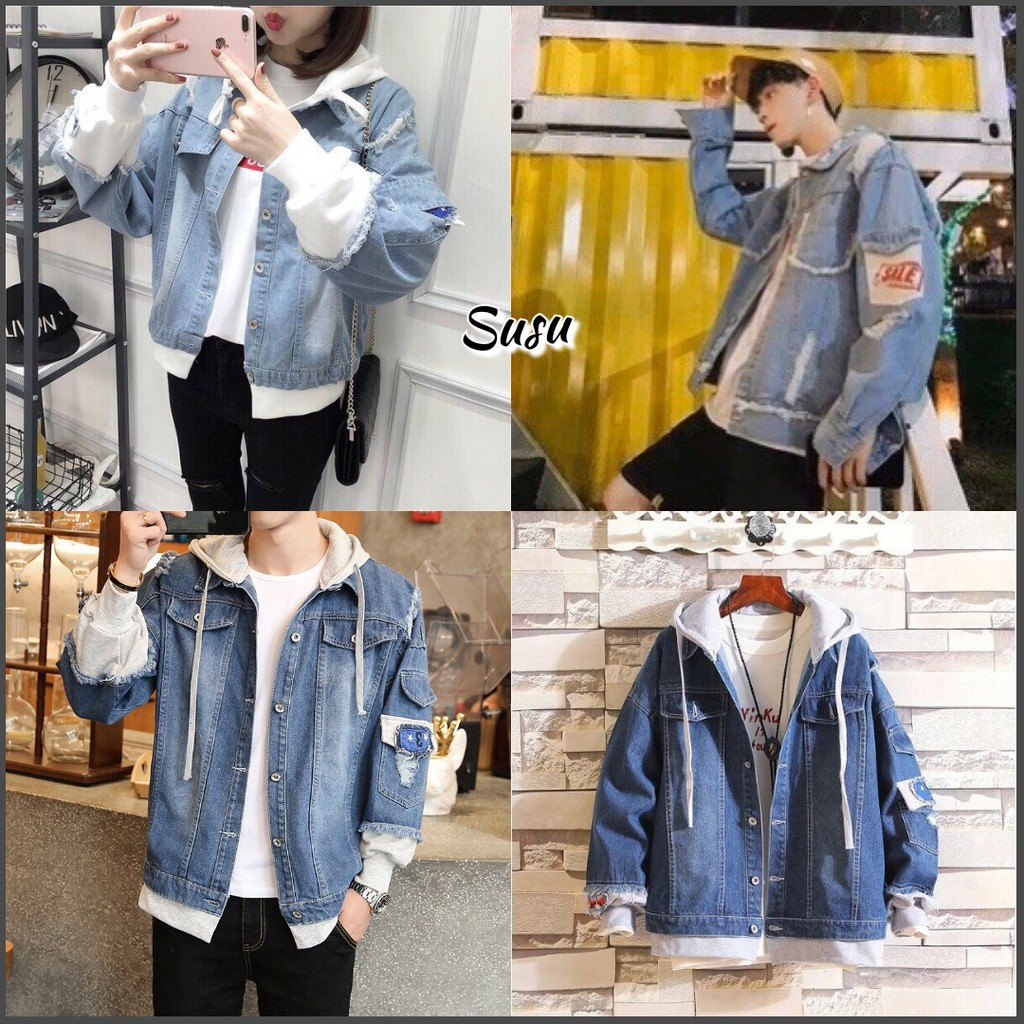 Áo khoác jean unisex nam nữ SUSU Storee màu bò xanh cào xước phong cách ulzzang