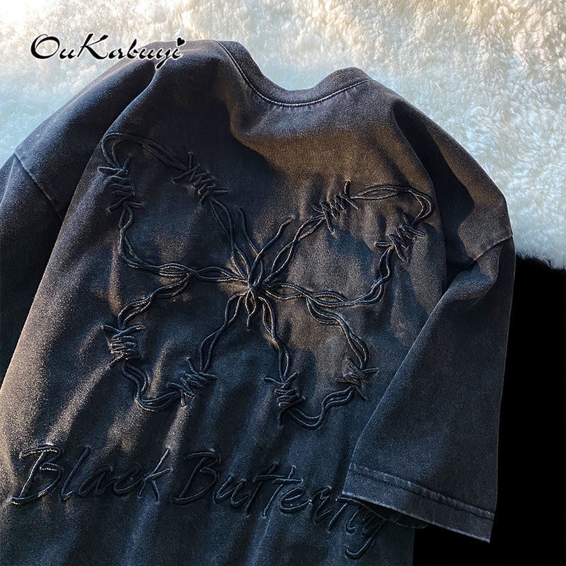 Áo thun OUKABUYI vải cotton tinh khiết tay ngắn họa tiết bướm thời trang 2022 dành cho nam và nữ/ cặp đôi