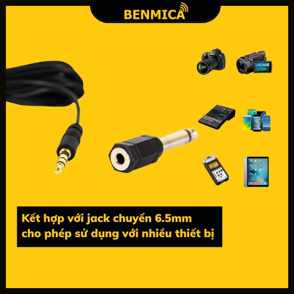 Micro thu âm cài áo Benmica B1 dành cho điện thoại, máy ảnh, máy quay dây kết nối dài 6m - Hàng chính hãng