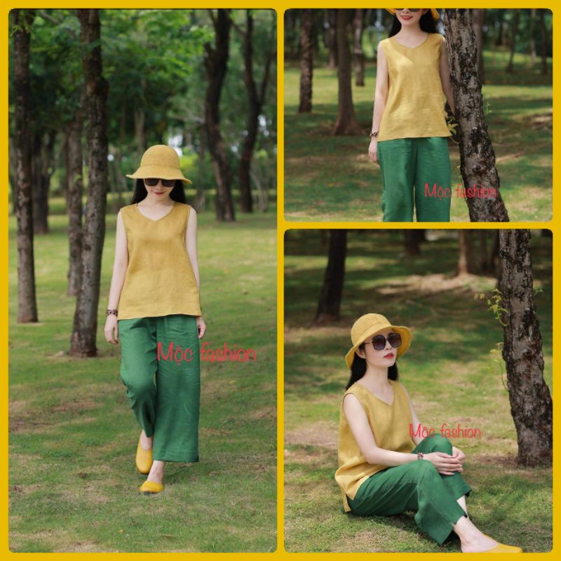 Bộ linen cổ tim sát nách quần ống tộng đủ size S đến XL 44-63kg