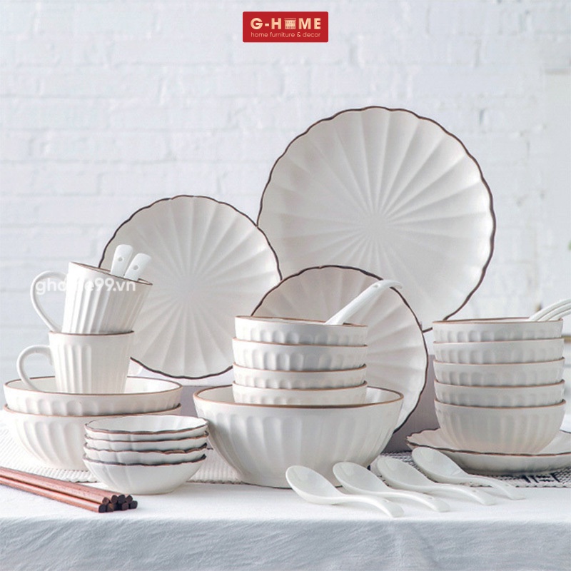 Combo bát đĩa sứ cao cấp 45 món Ghome, bộ bát đĩa ăn viền hoa đầy đủ phong cách hiện đại, sang trọng BATDIA 45