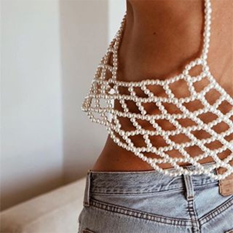 Xiangbao Áo Crop Top Lưới Rỗng Cổ Chữ V Đính Hạt Ngọc Trai Giả Gợi Cảm Cho Nữ