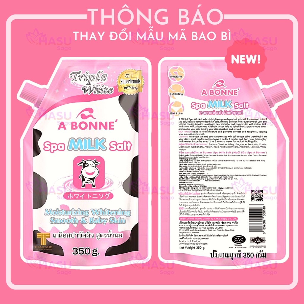 Muối Tăm Sữa Bò A bonne - Tẩy Tế Bào Chết Body Và Da Mặt Thái Lan Hương Sữa Tươi 350g