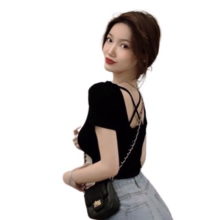 Áo kiểu thun croptop tay ngắn phối dây chéo basic