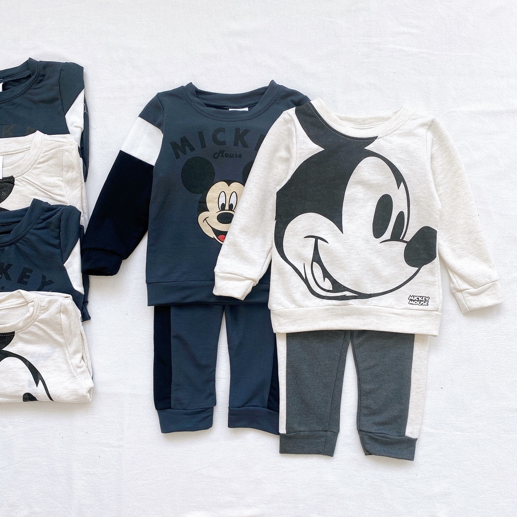 Bộ dài tay thu đông cho bé trai - Set 2 bộ nỉ da cá Mickey ghi Hm cho bé trai size 1-6t (9-23kg)